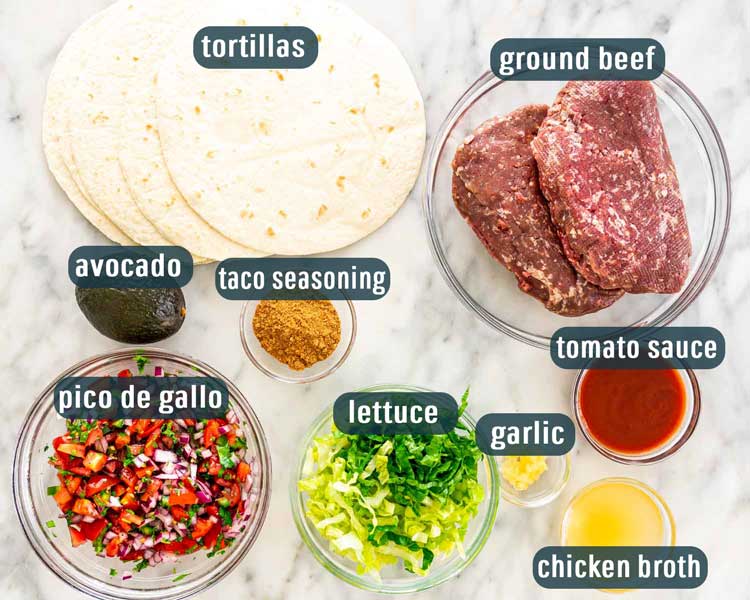overhead shot of all the ingredients needed to make ground beef tacos