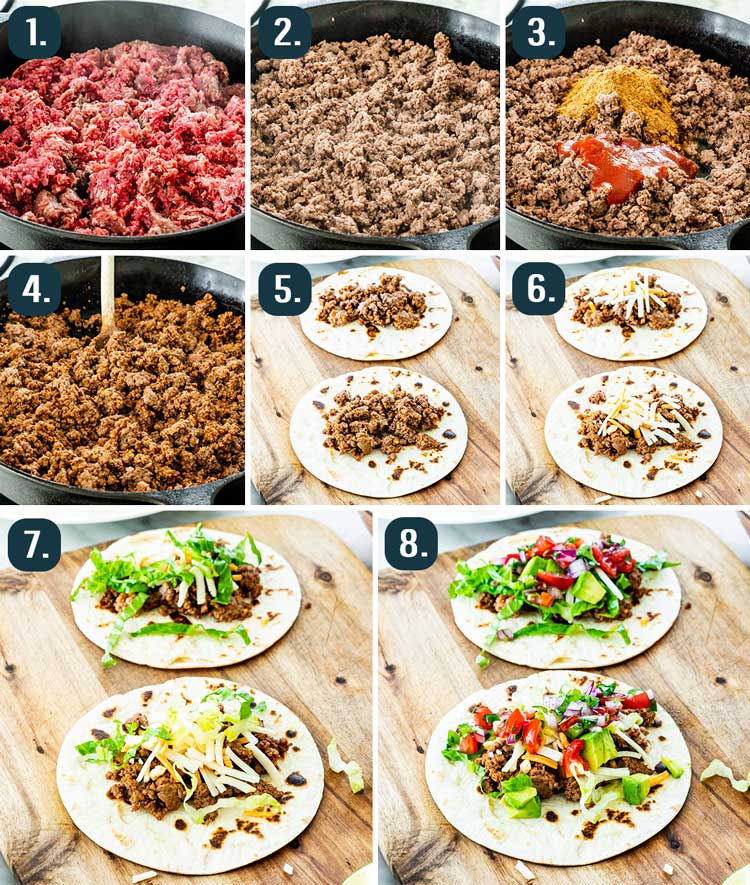 detailed process shots showing how to make ground beef tacos