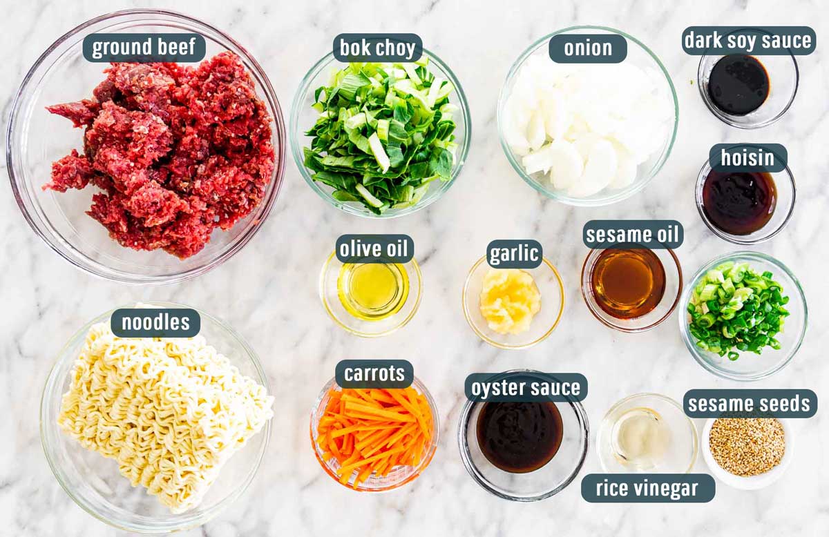 overhead shot of all the ingredients needed to make hoisin beef noodles