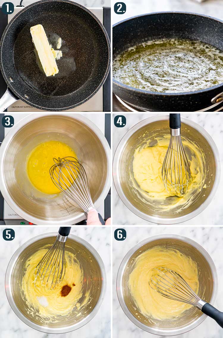 detailed process shots showing how to make hollandaise sauce in a double boiler