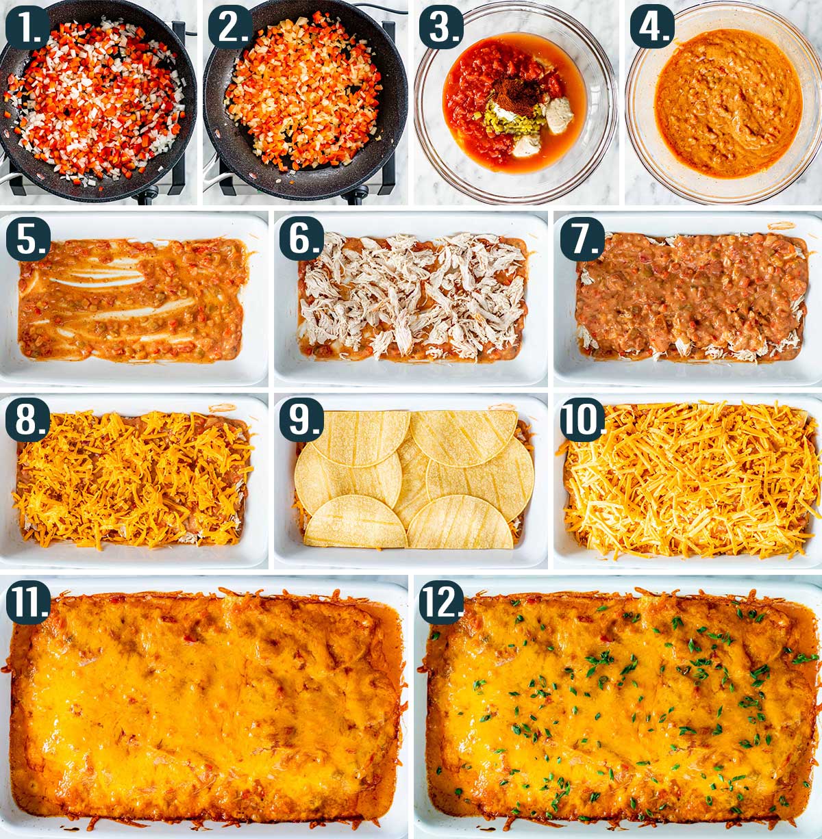 detailed process shots showing how to make king ranch chicken casserole