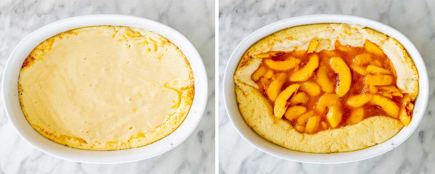 process shots showing how to make peach cobbler.