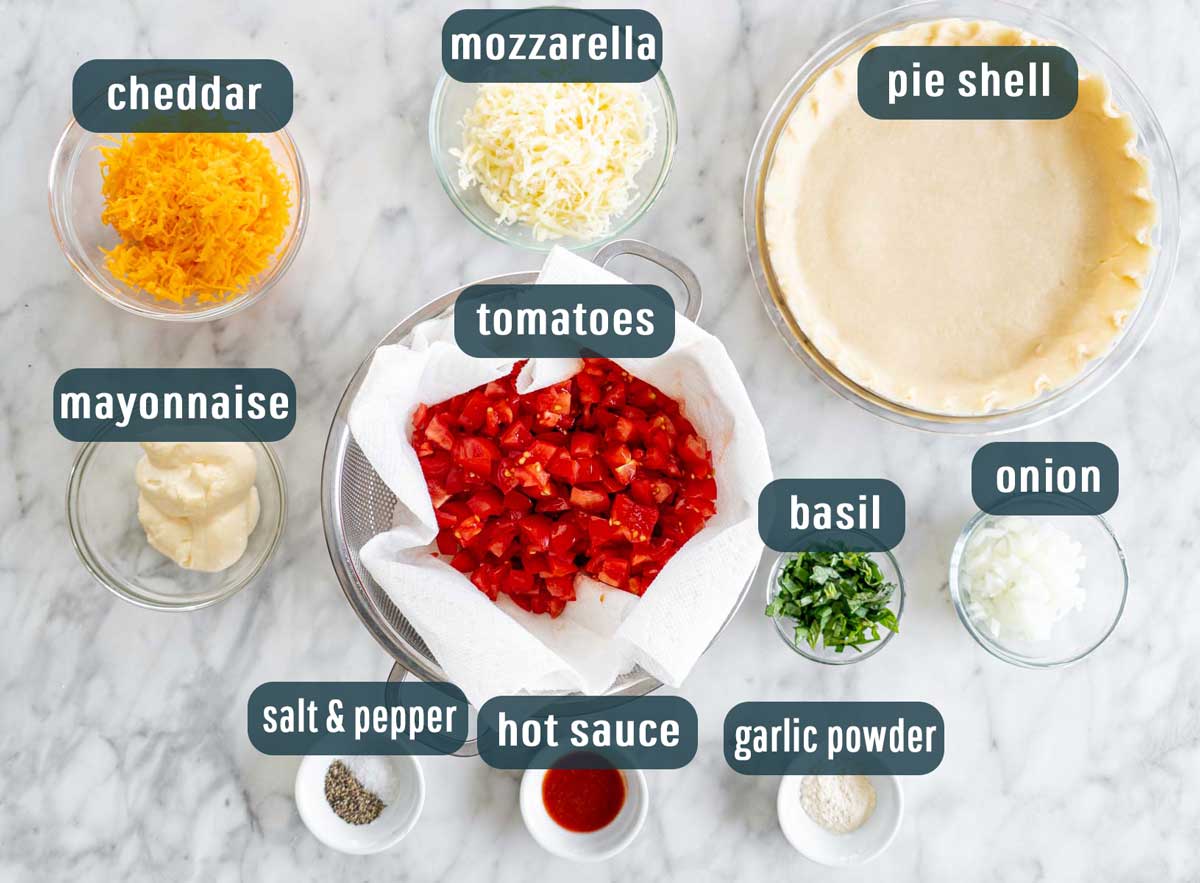 overhead shot of all ingredients needed to make tomato pie