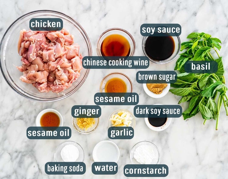 overhead shot of ingredients needed to make 3 cup chicken