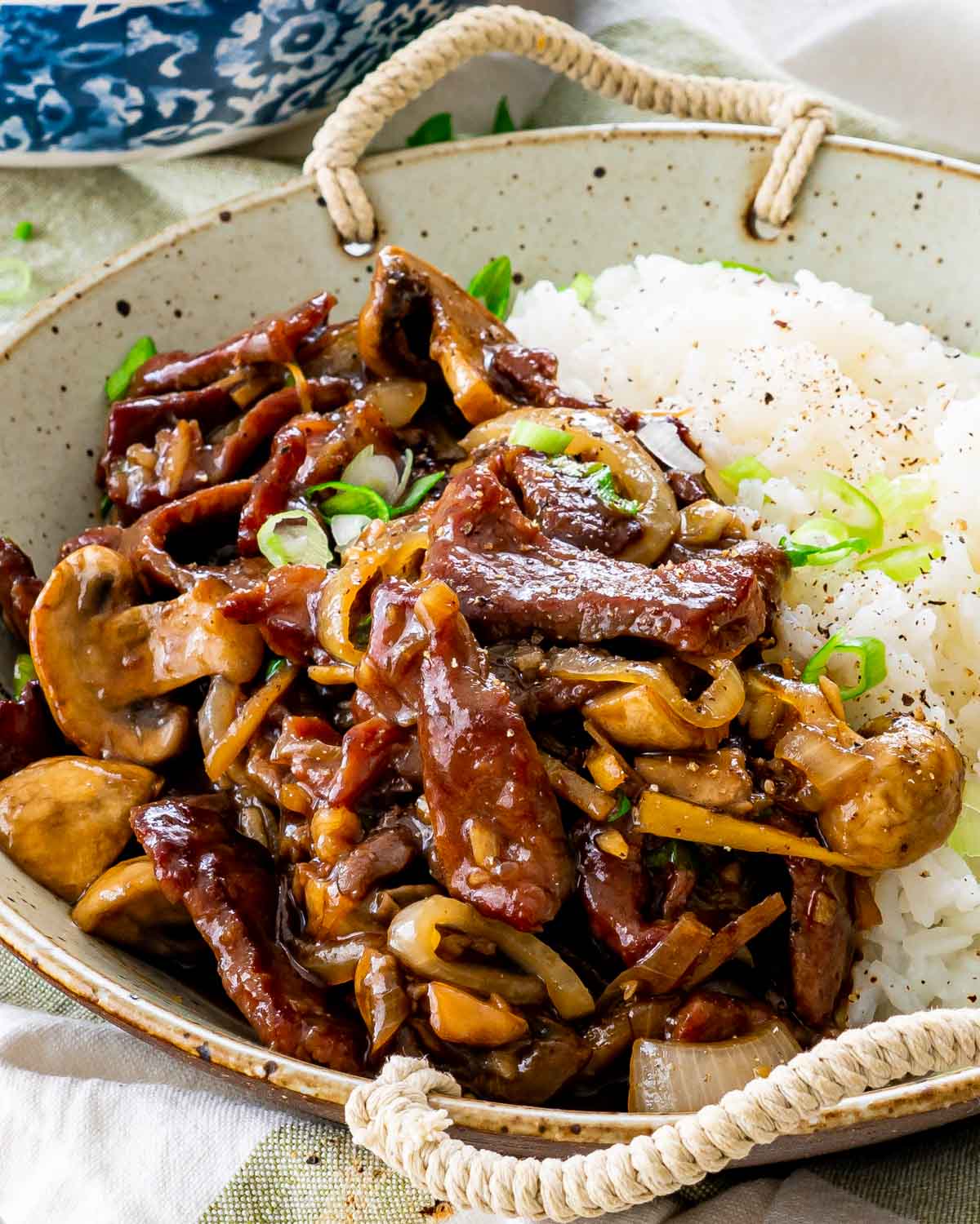 beef mushroom stir fry next to some rice in a plate
