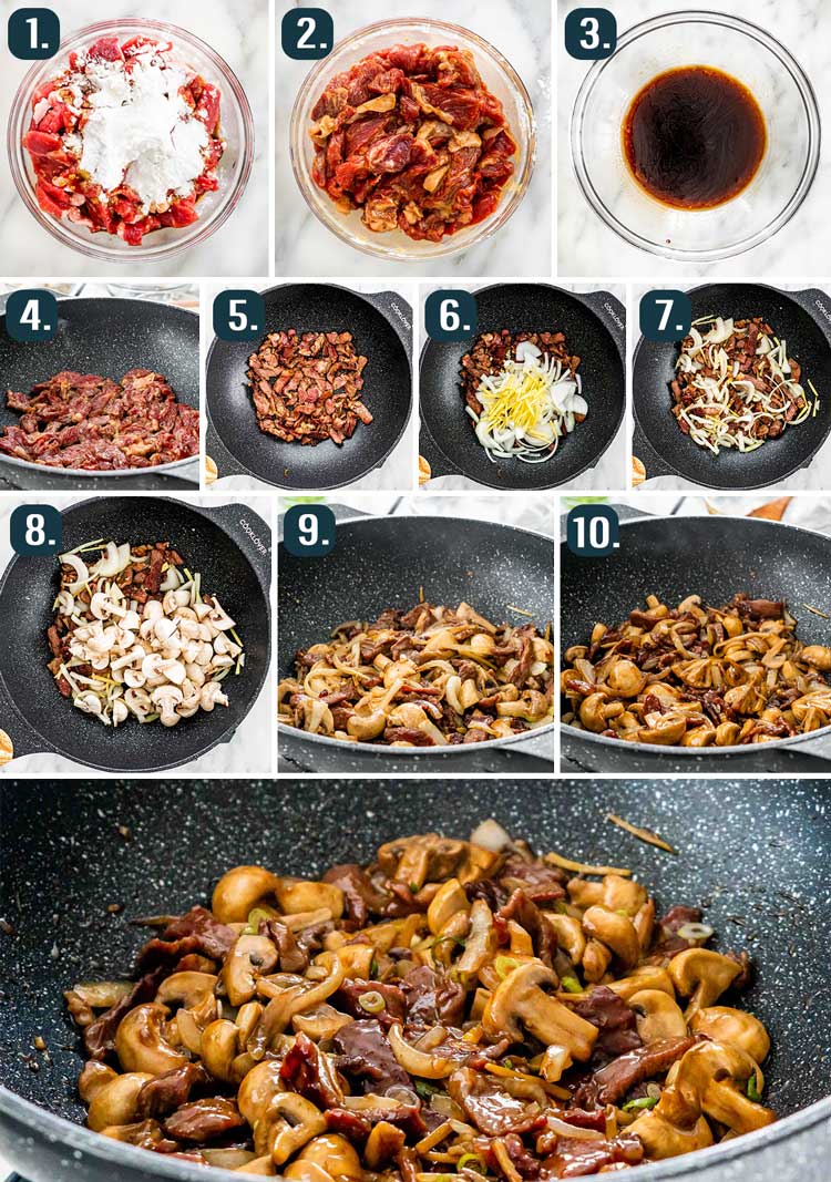 detailed process shots showing how to make beef mushroom stir fry in a wok