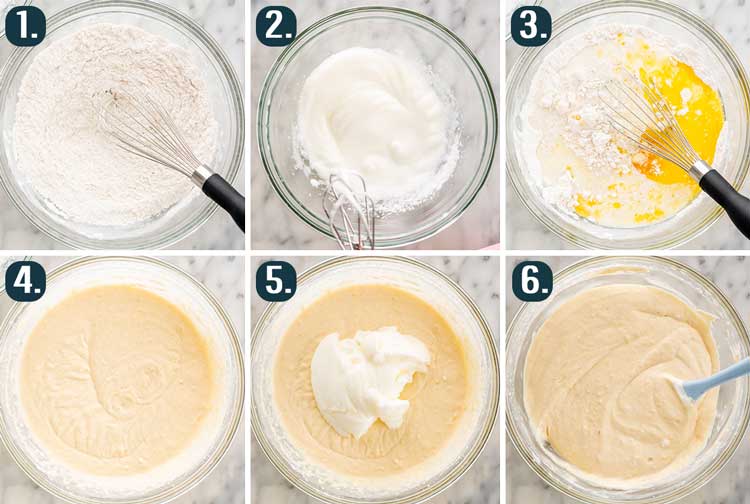 detailed process shots showing how to make batter for belgian waffles