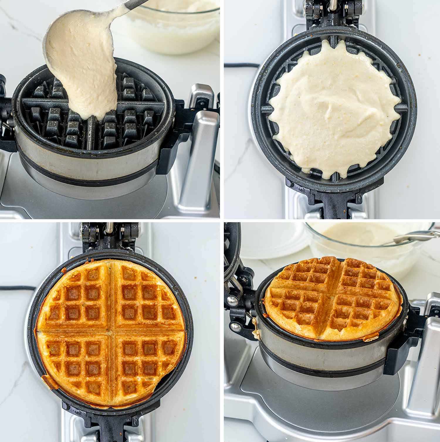 process shots showing how to make belgian waffles.