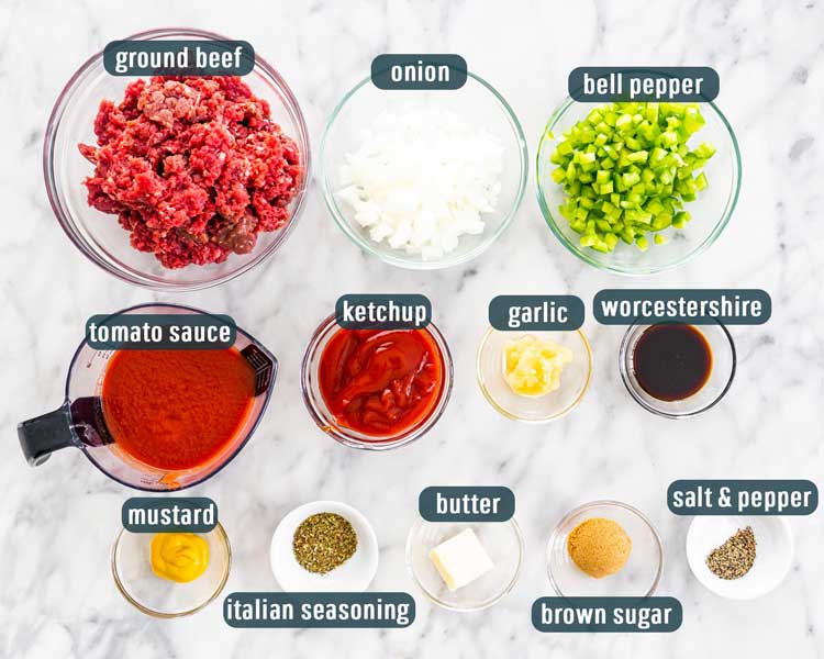overhead shot of all ingredients needed to make sloppy joes