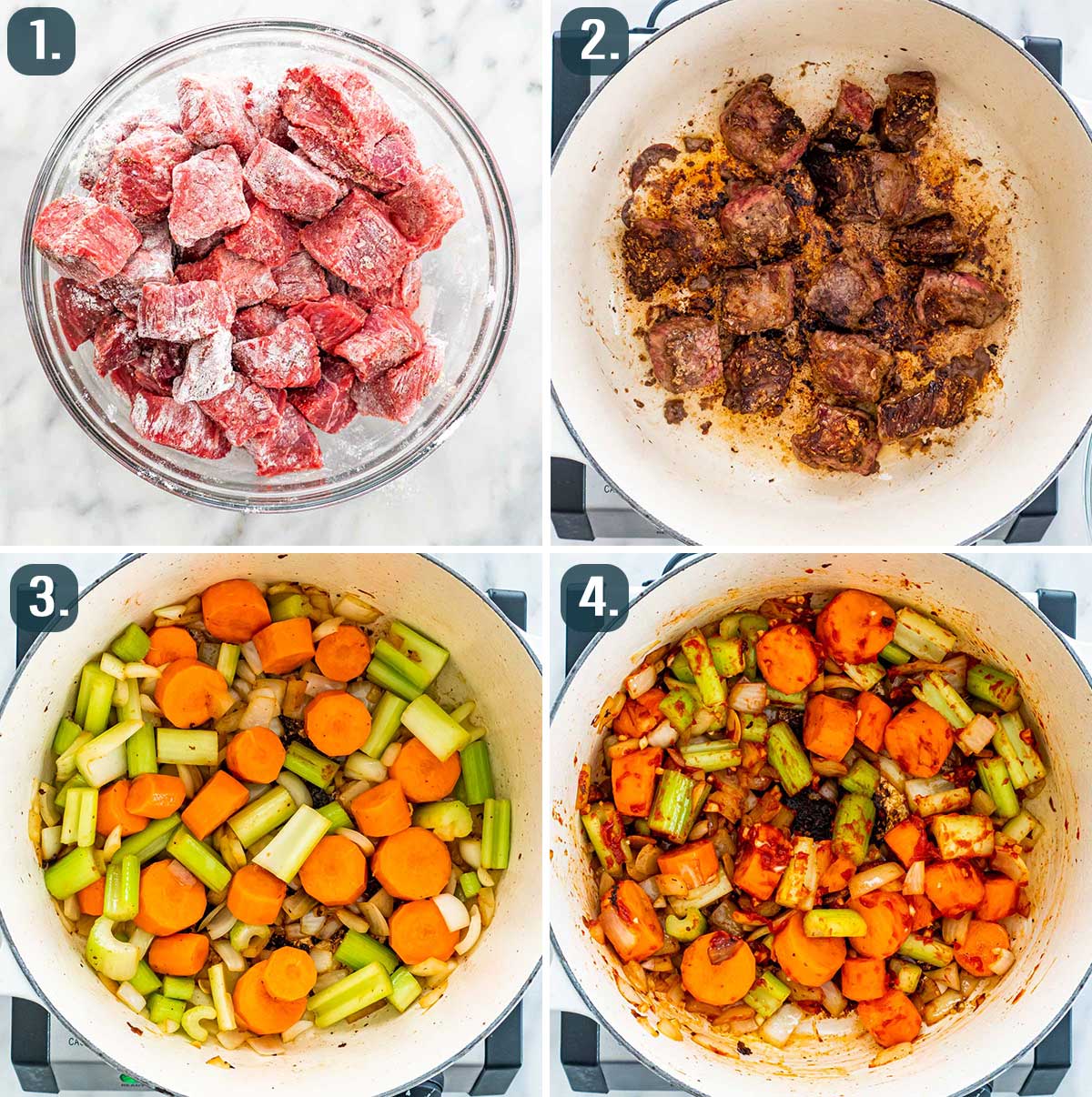 process shots showing how to make beef stew.