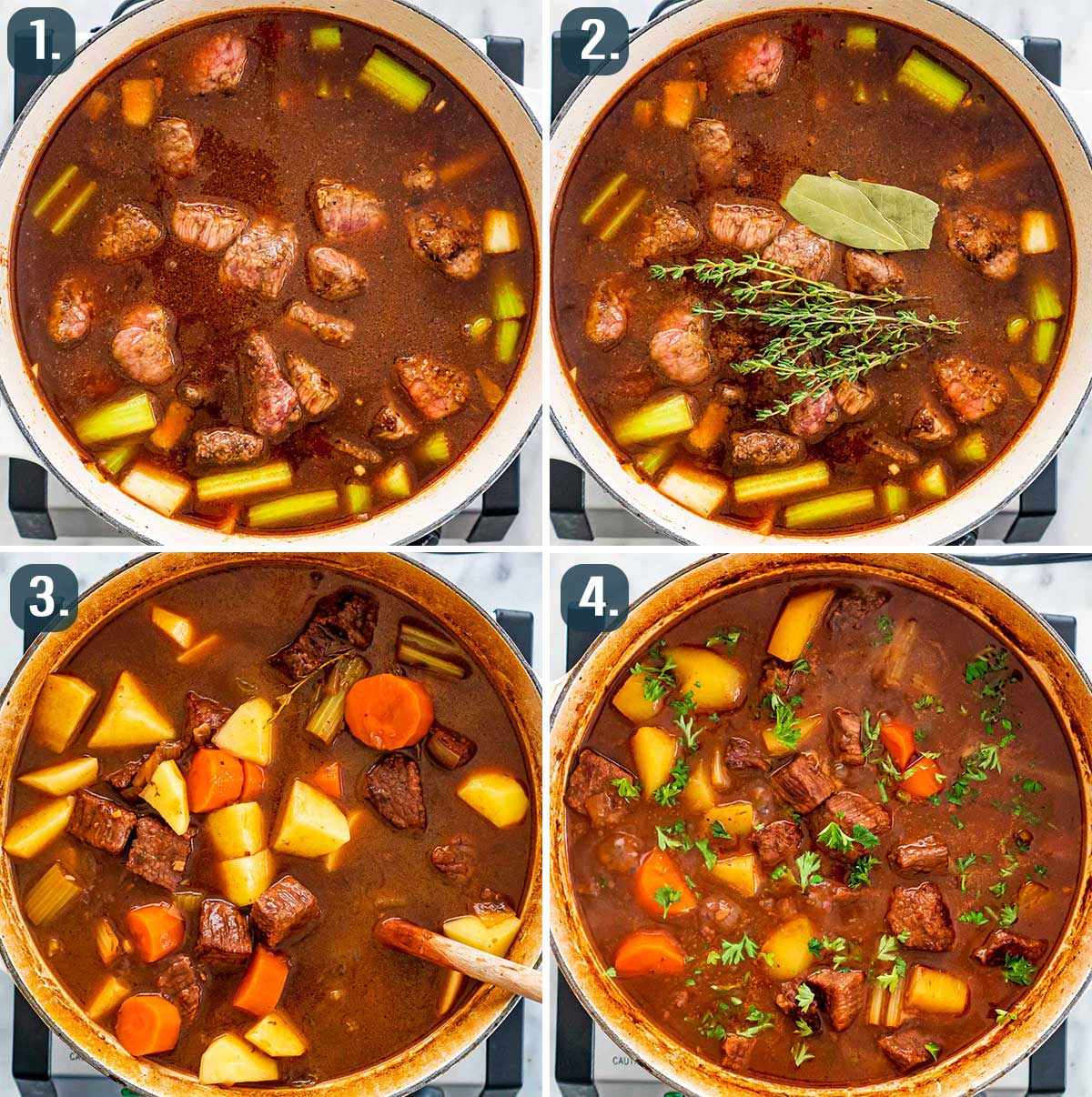 process shots showing how to cook beef stew.