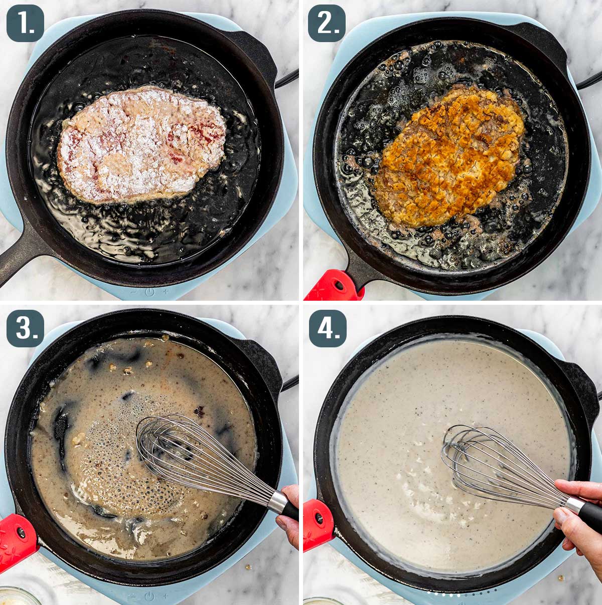 process shots showing how to fry chicken fried steak and make gravy