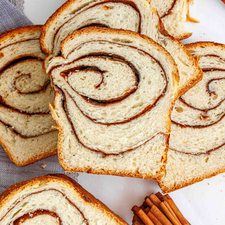 slices of cinnamon bread on a table.