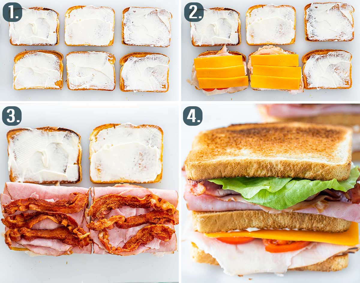 detailed process shots showing how to make a club sandwich.