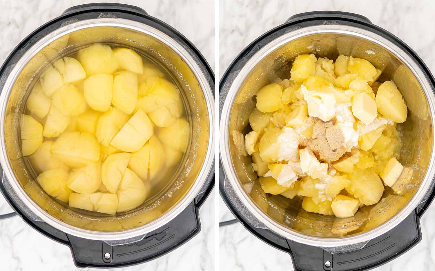 process shots showing how to make instant pot mashed potatoes.