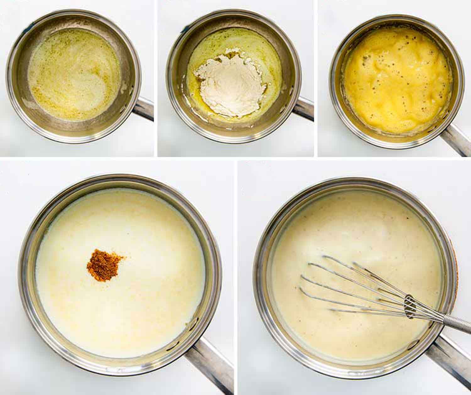 process shots showing how to make bechamel sauce.
