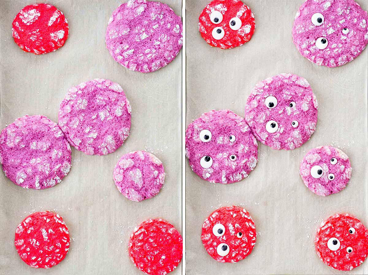 2 pics of monster cookies one with eyeballs one without.