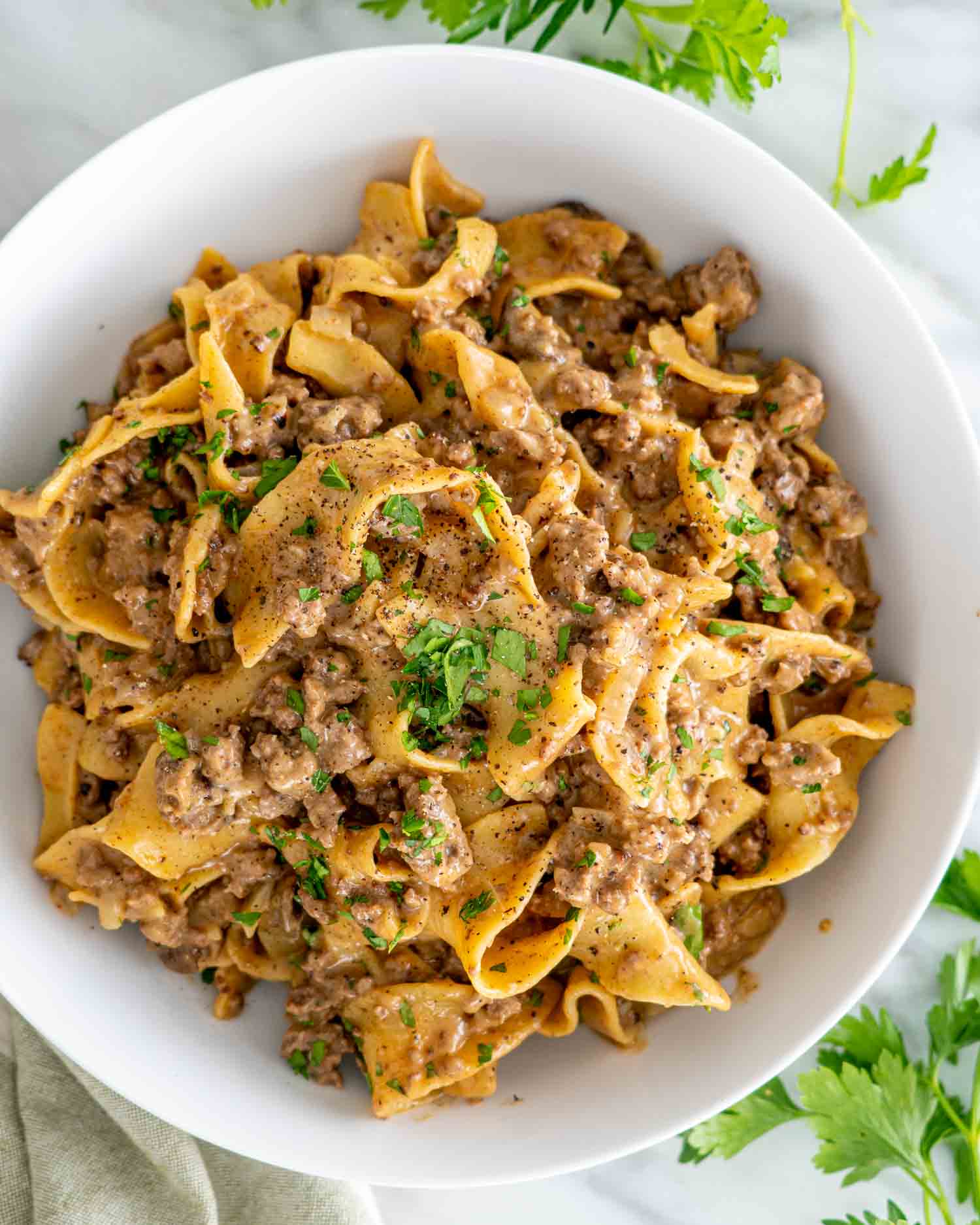a serving of beef stroganoff with noodles in a white bowl.
