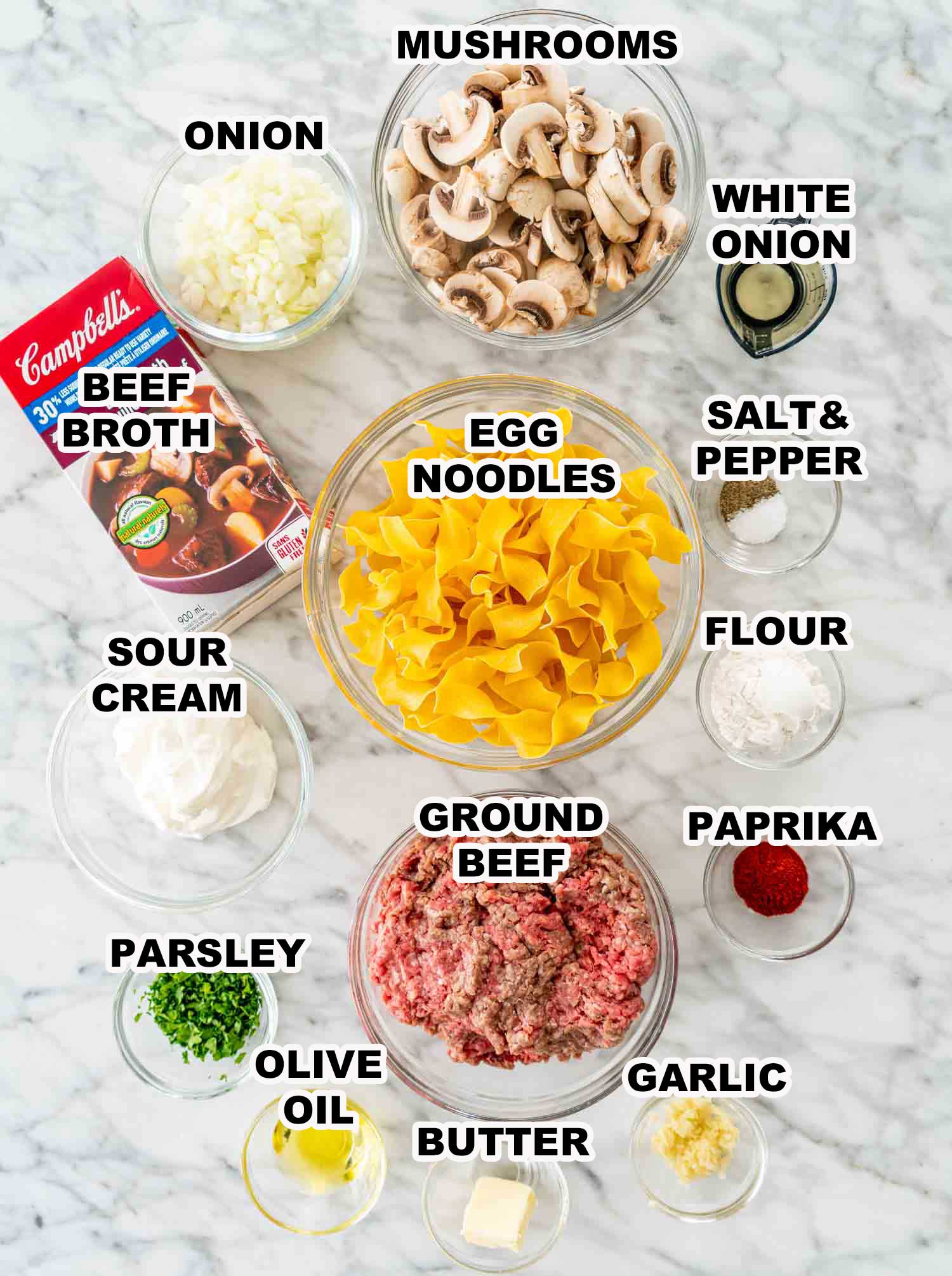 ingredients needed to make one pot beef stroganoff.