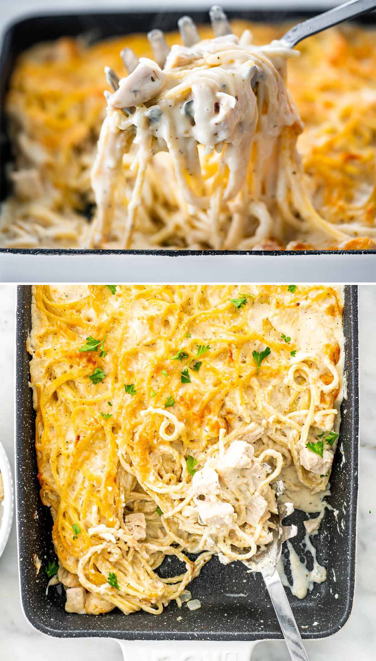 two pictures of turkey tetrazzini in a casserole dish.