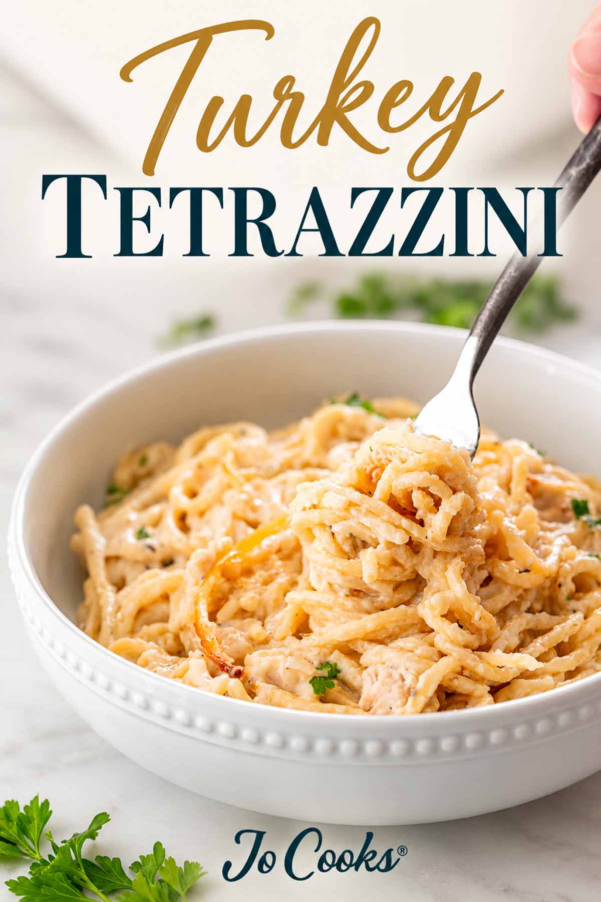 Fork lifting creamy turkey tetrazzini from a white bowl, beneath gold and teal recipe lettering, with Jo Cooks logo below.