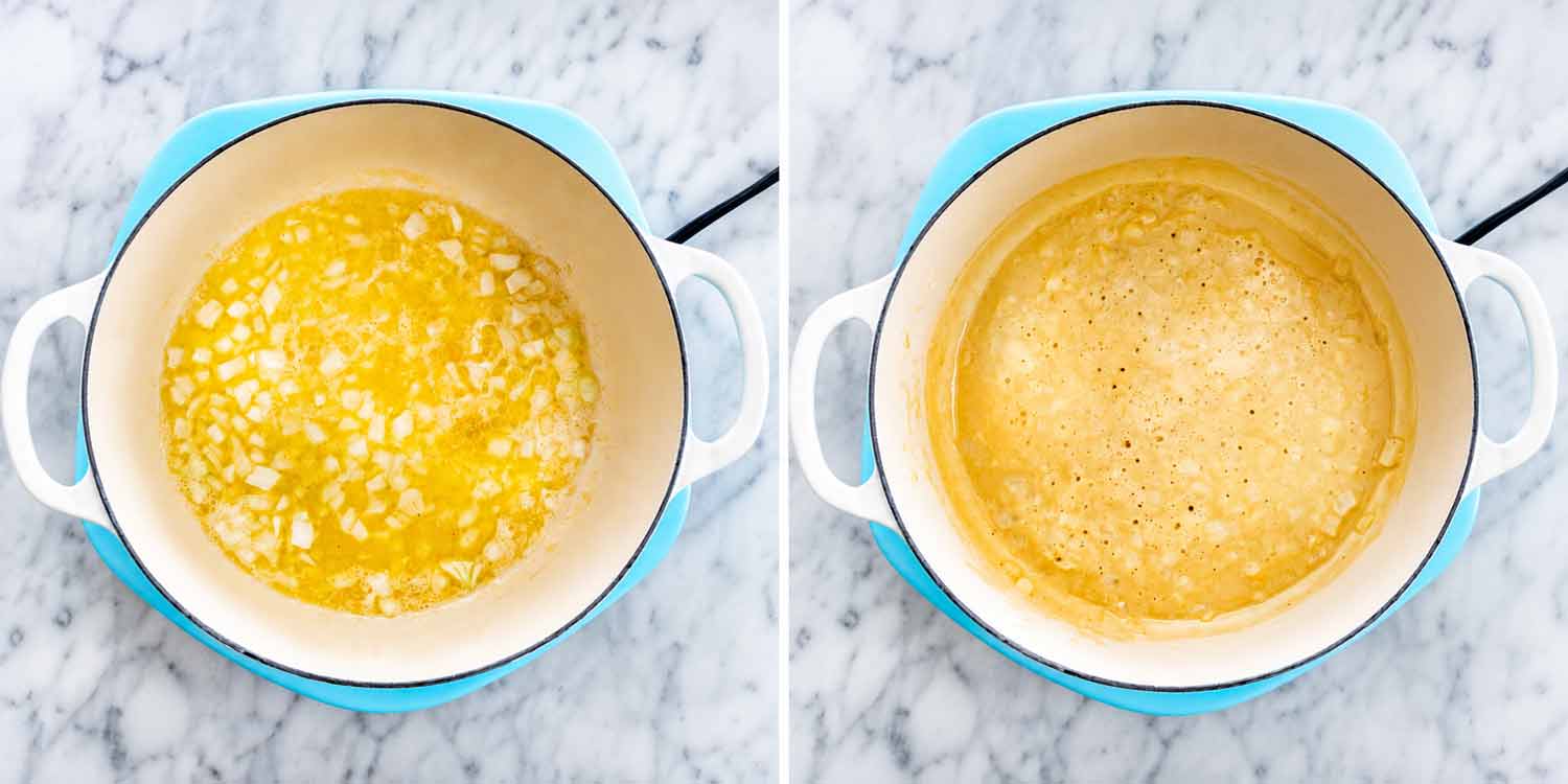 Two photos showing chopped onion cooking in melted butter and oil, followed by the bubbling roux in a turquoise Dutch oven.
