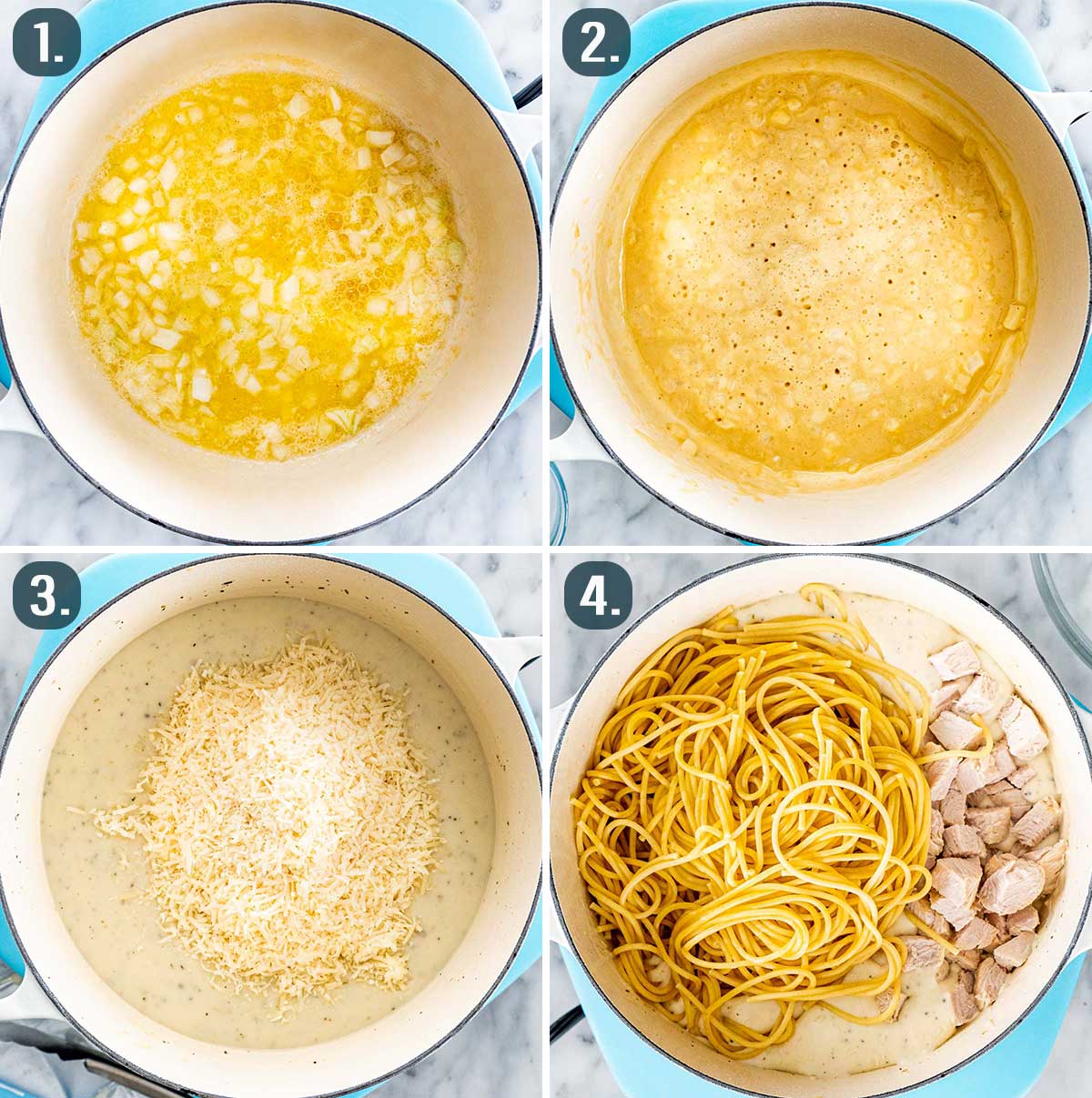 process shots showing how to make sauce for turkey tetrazzini.
