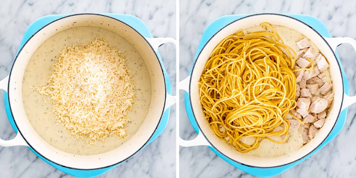 Two photos showing grated Parmesan added to cream sauce, followed by cooked spaghetti and chopped turkey added before stirring.
