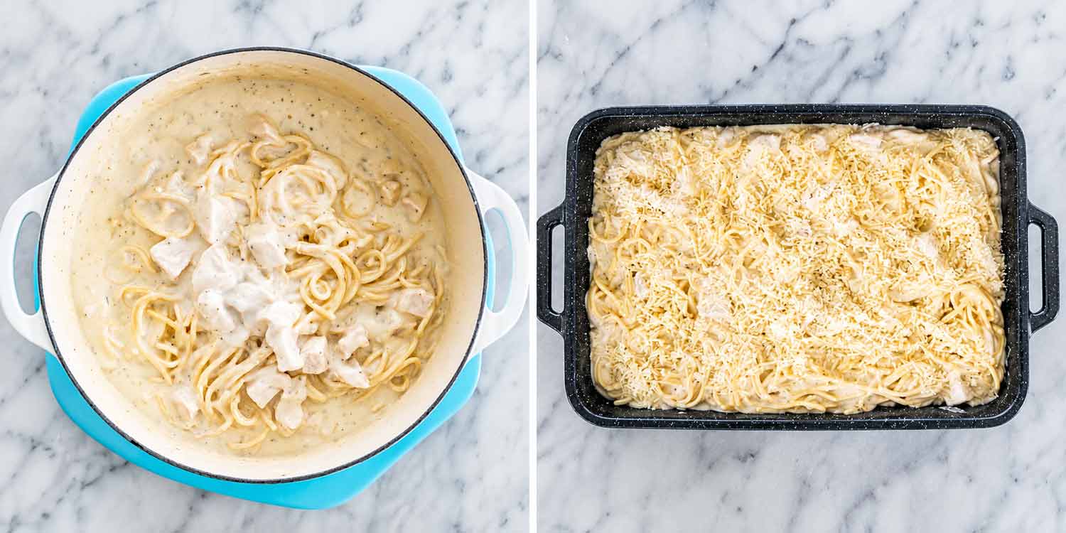 Two photos showing spaghetti and turkey mixed into creamy sauce, then transferred to a rectangular baking dish and topped with Parmesan.