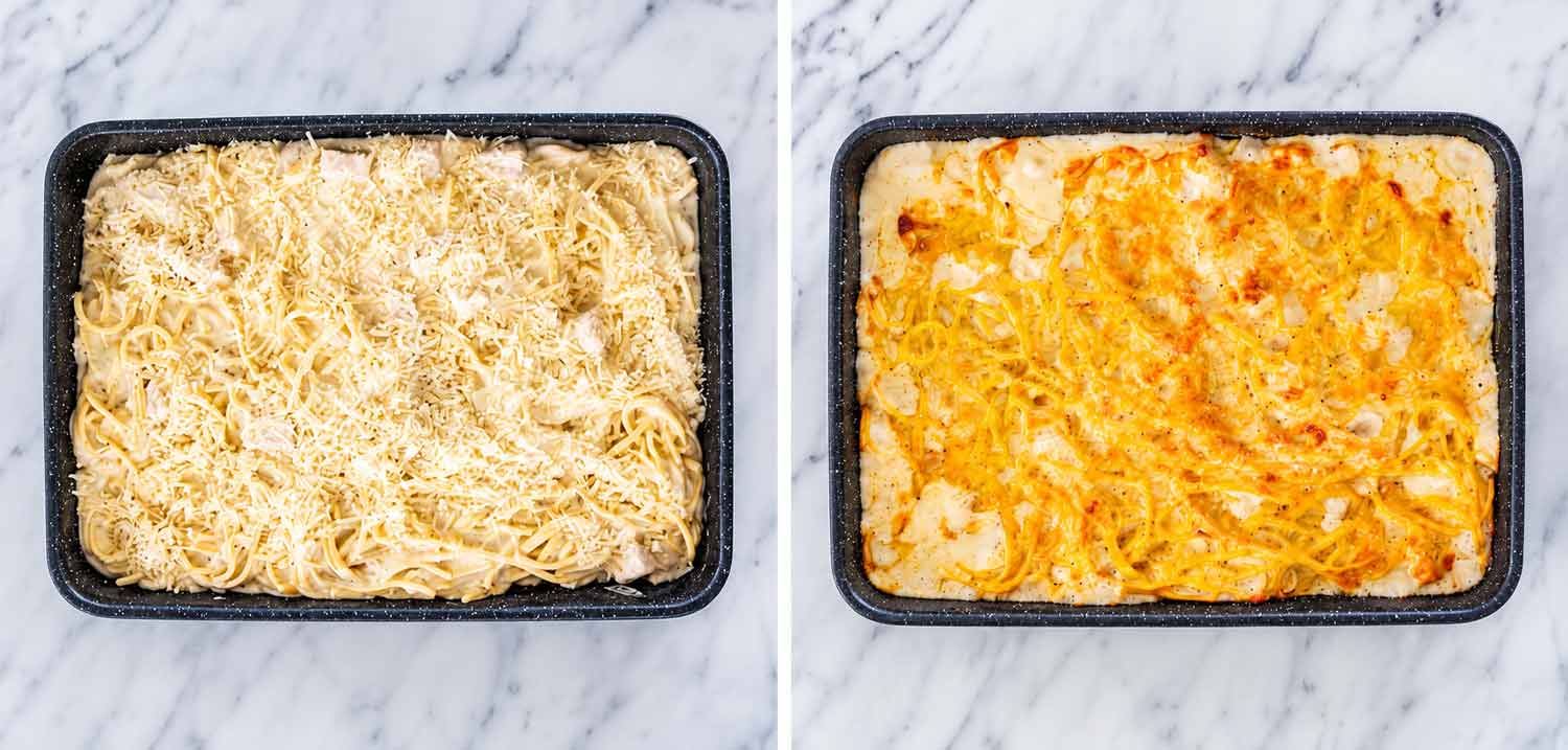Two photos showing turkey tetrazzini topped with grated Parmesan before baking, then the finished casserole with a golden top.
