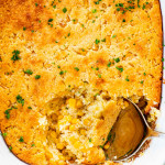 overhead corn casserole in a casserole dish.