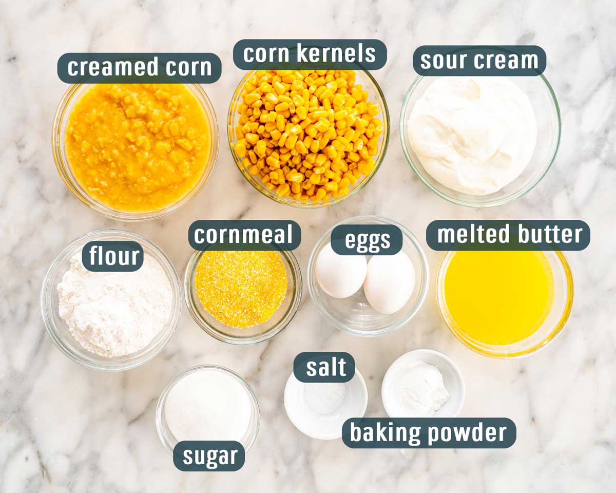 overhead shot of all the ingredients needed to make corn casserole.