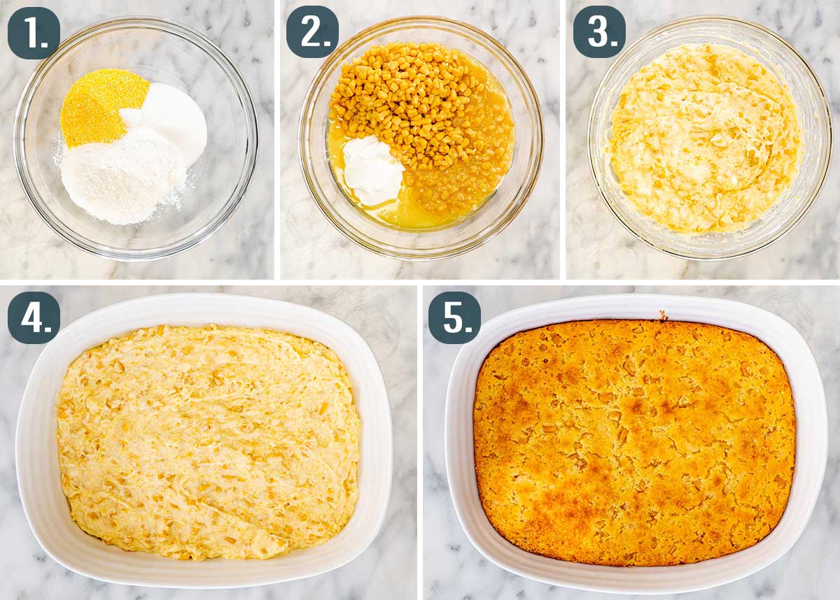 detailed process shots showing how to make corn casserole.