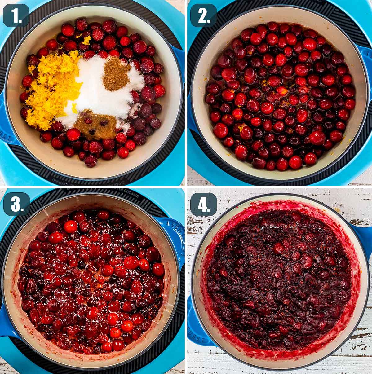detailed process shots showing how to make cranberry sauce.