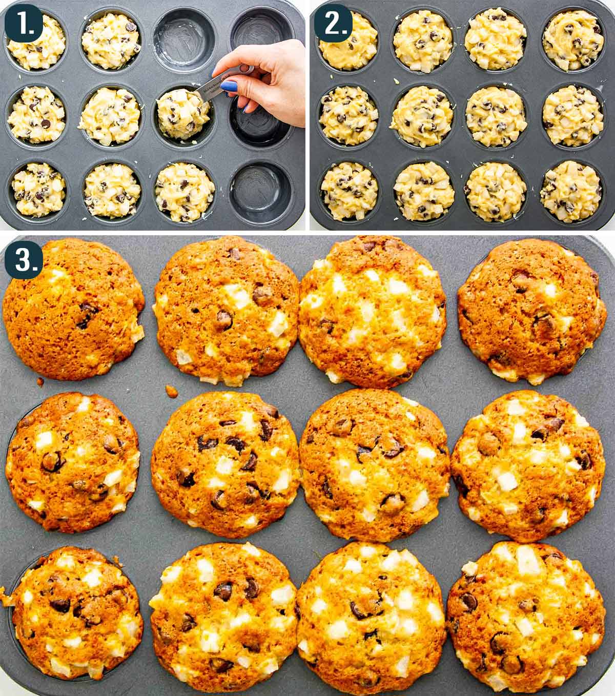 process shots showing how to fill muffin tin with pear chocolate chip muffin batter and bake.
