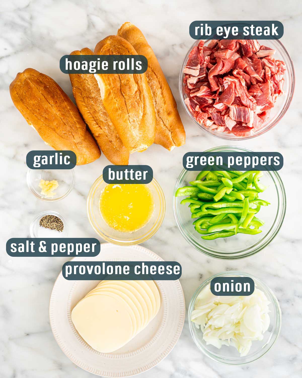 overhead shot of ingredients needed to make philly cheesesteak.