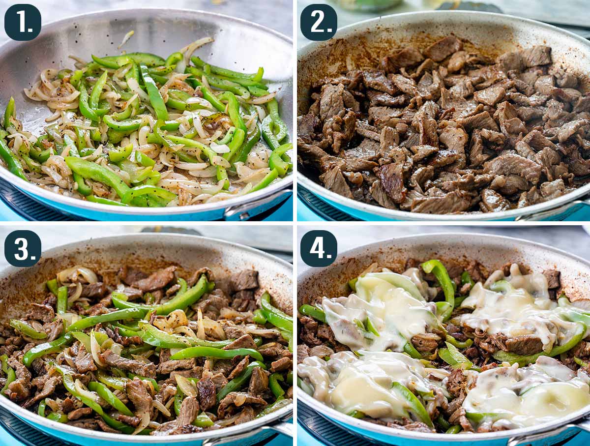 process shots showing how to make the beef and pepper mixture for philly cheesesteak.