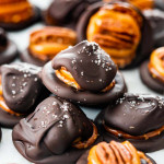closeup shot of homemade pretzel turtles.