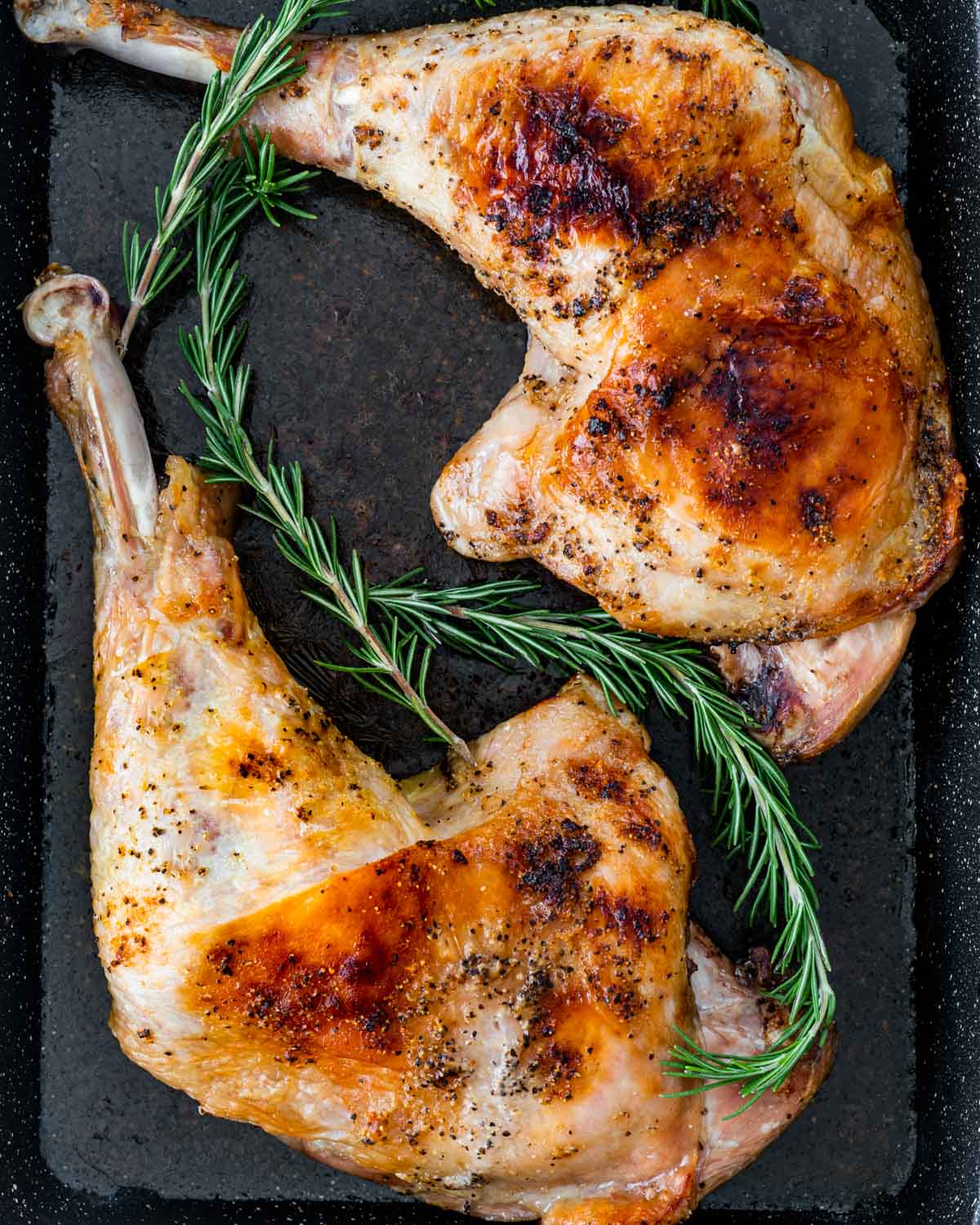 overhead shot of roasted turkey legs in a roasting pan.