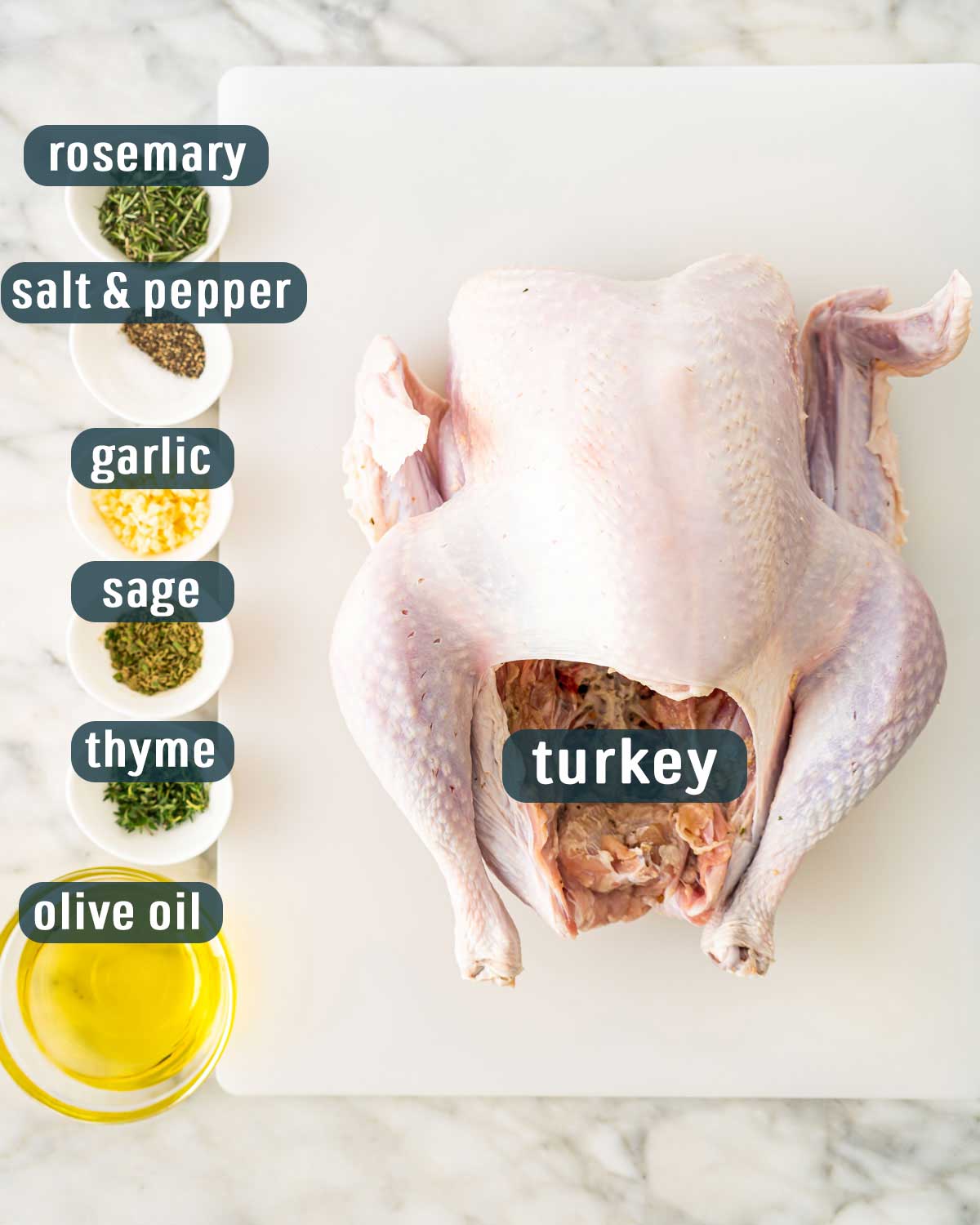 overhead shot of ingredients needed to make spatchcock turkey.