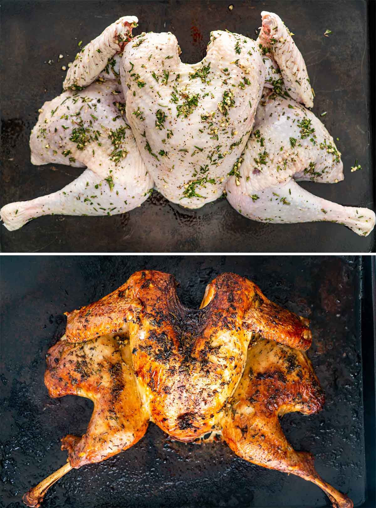 collage of photos showing a spatchcock turkey before and after roasting.