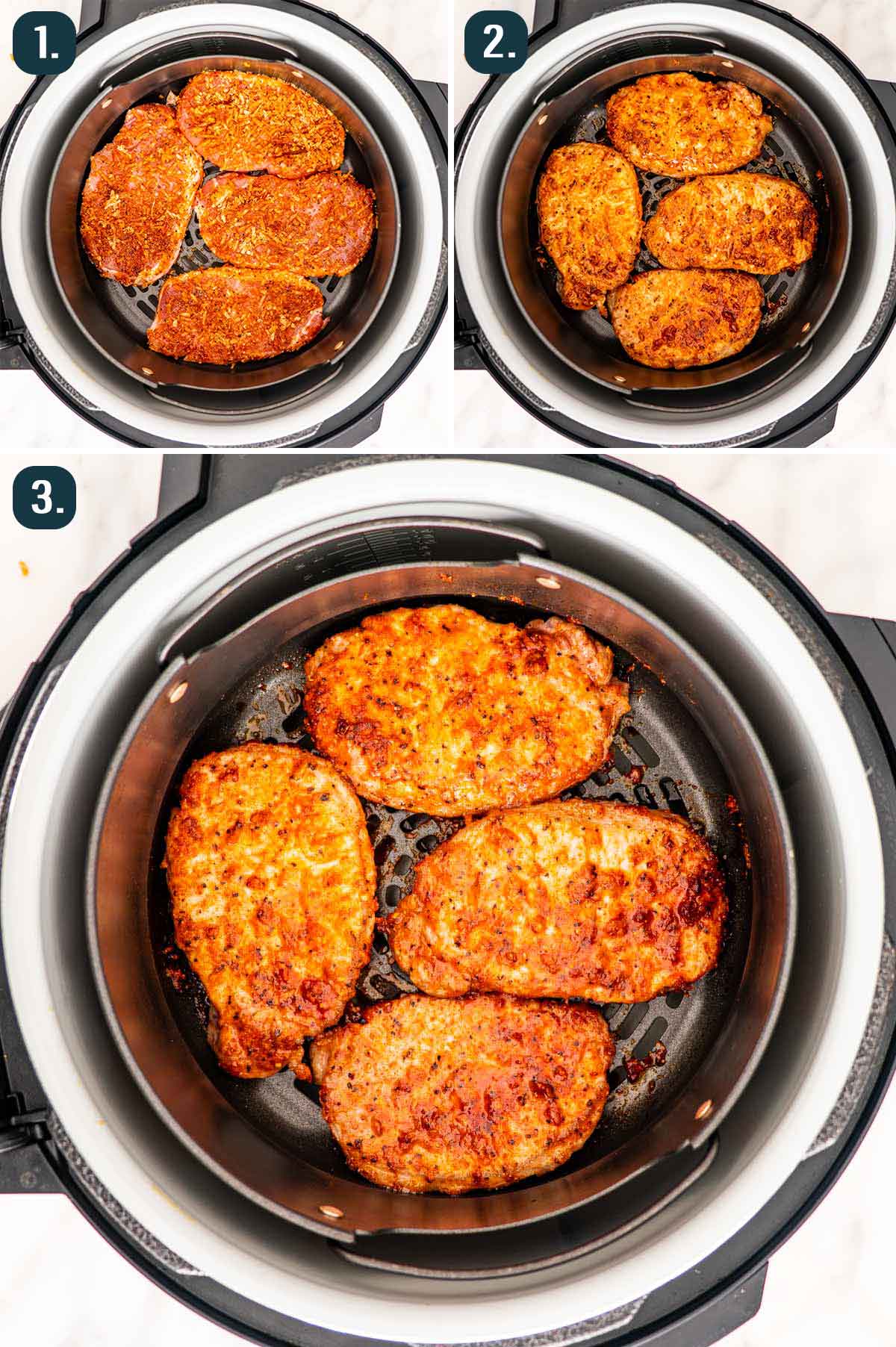 process shots showing how to air fry pork chops.