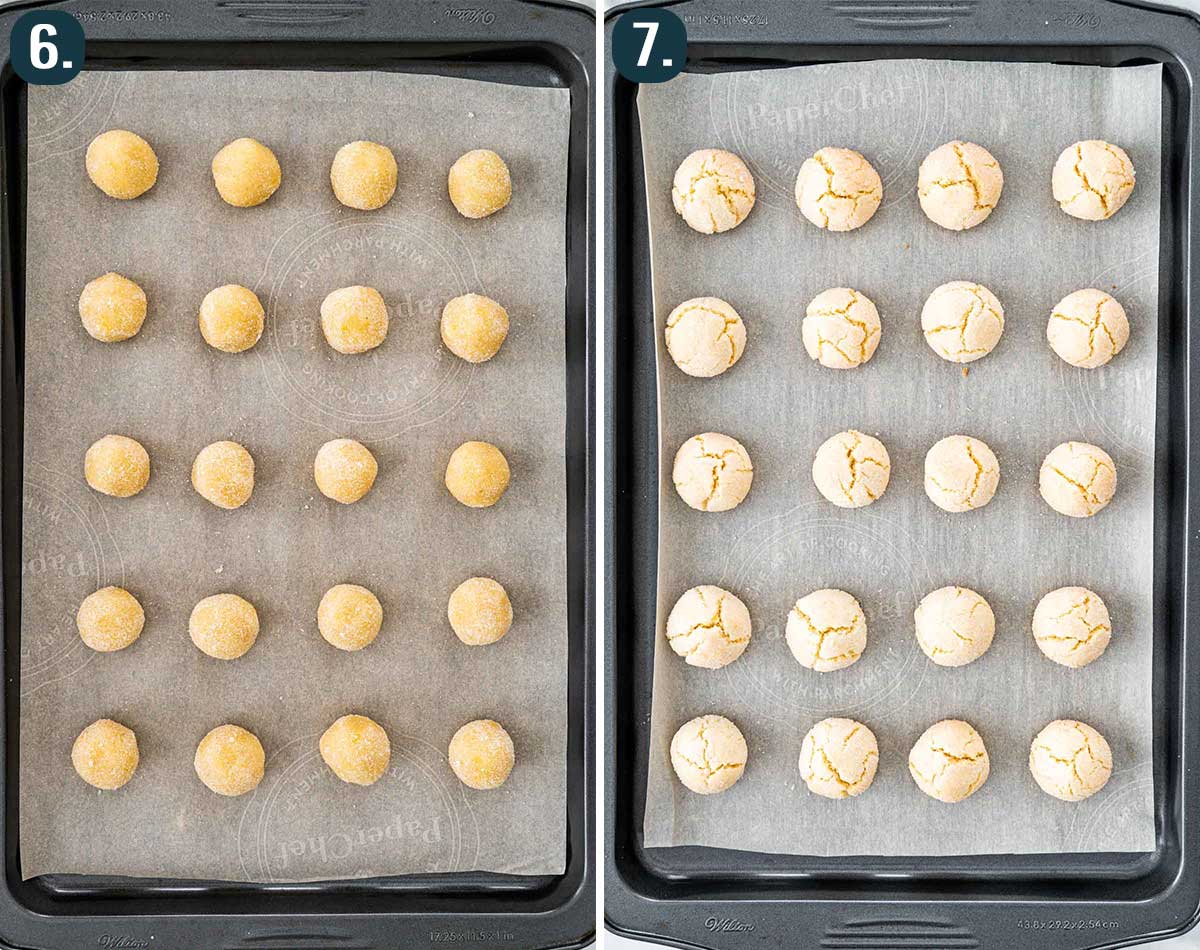 side by side shot of amaretti cookies before and after baking.