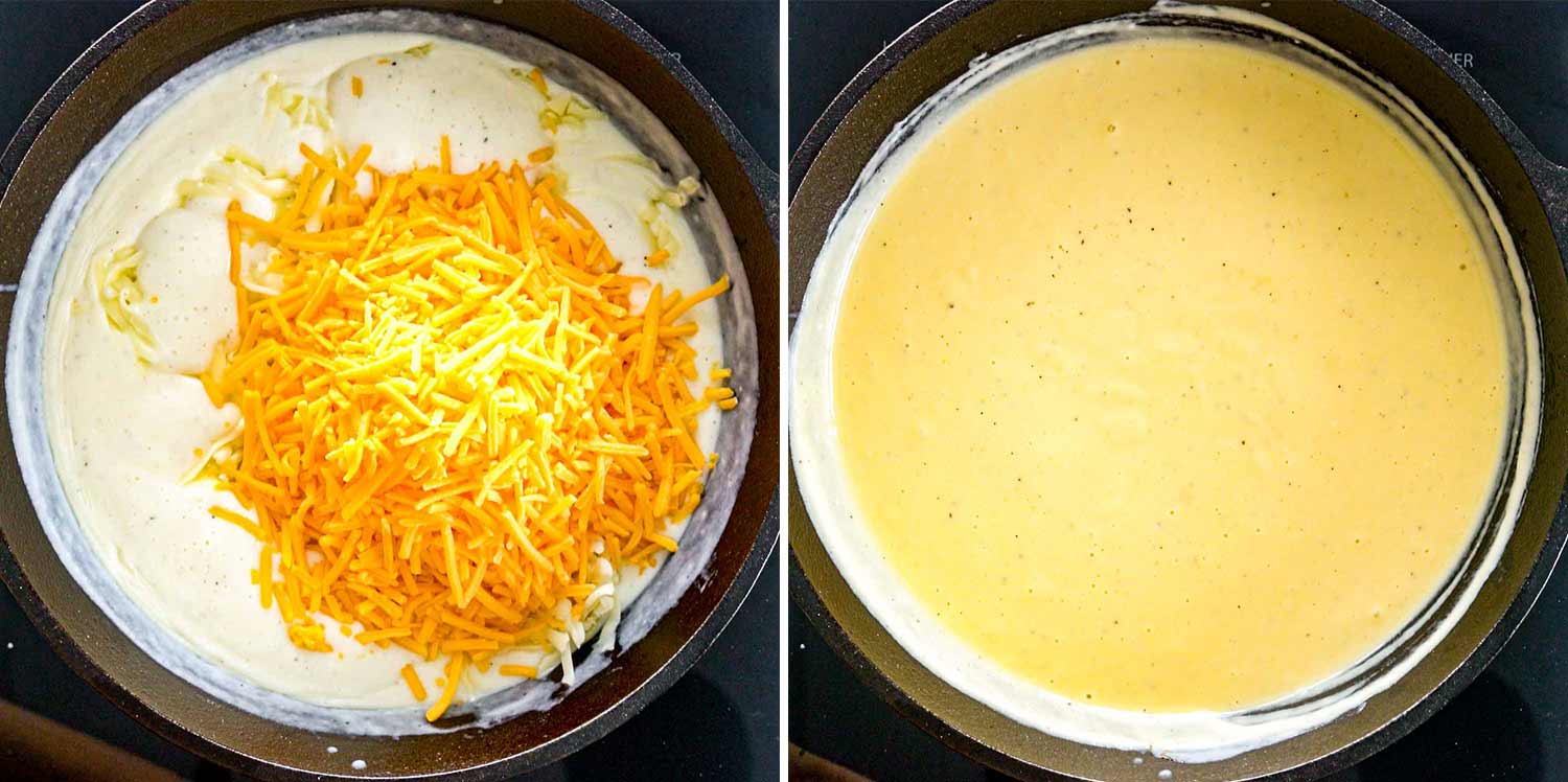 process shots showing how to make baked mac and cheese.