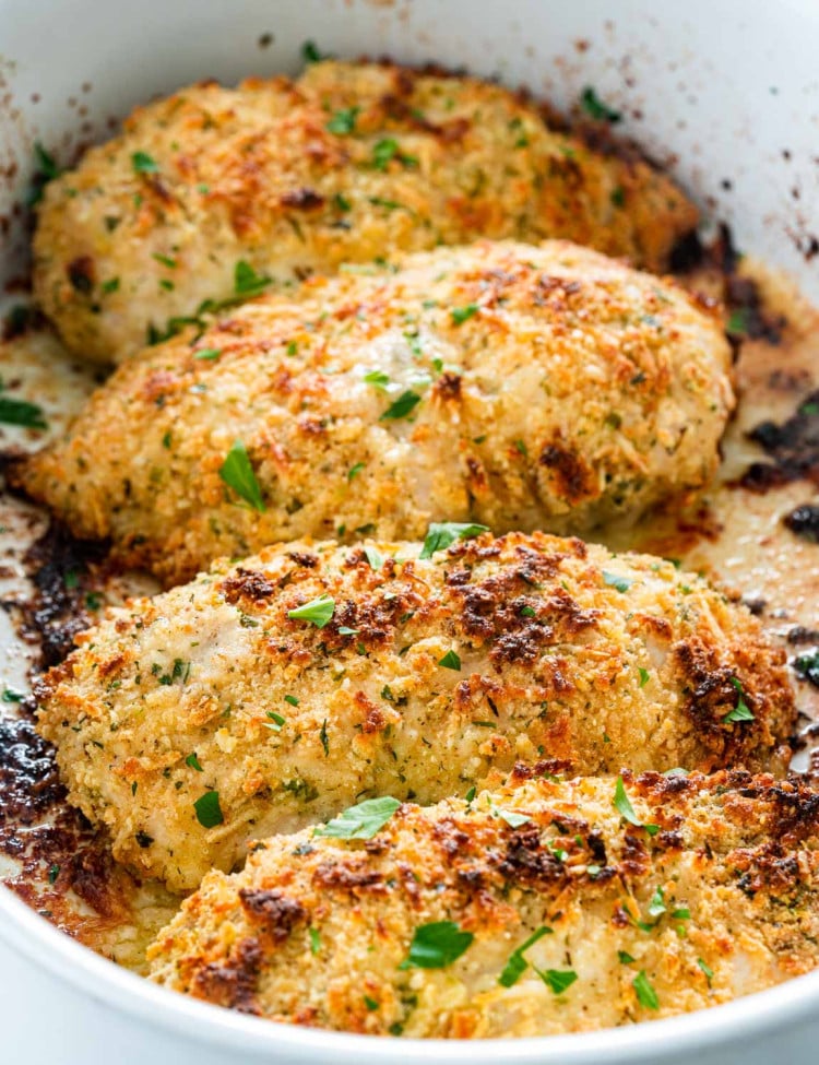 baked ranch chicken in a casserole dish fresh out of the oven.