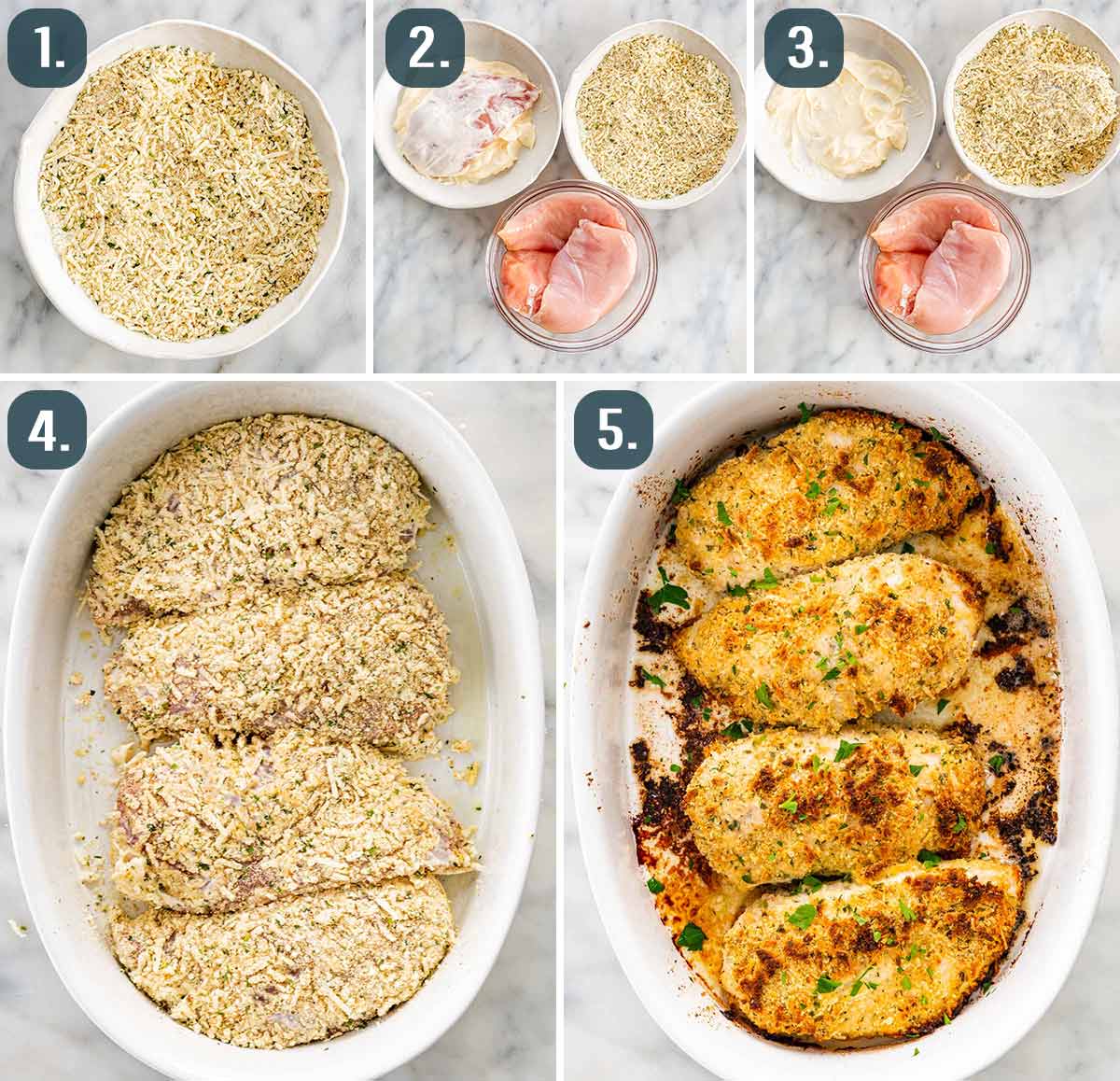 detailed process shots showing how to make baked ranch chicken.