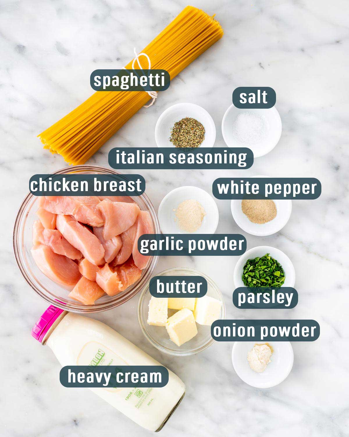 overhead shot of all the ingredients needed to make chicken lazone.