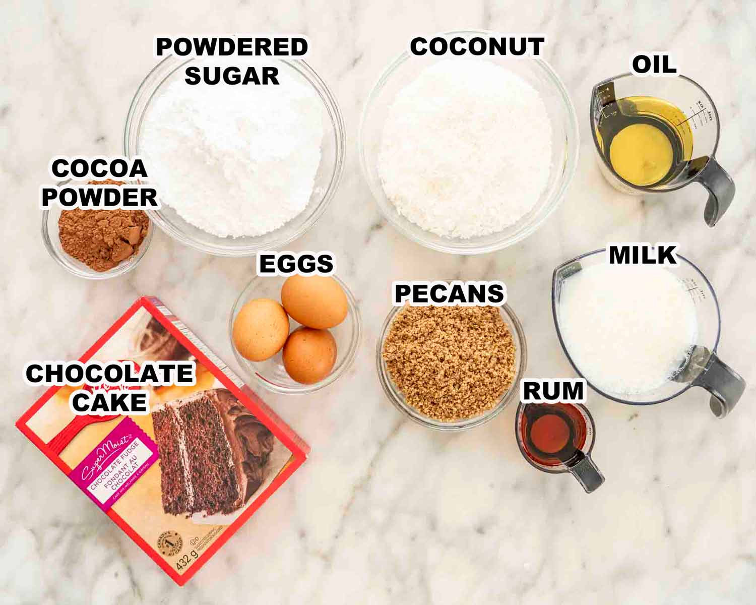 overhead shot of all the ingredients needed for chocolate rumballs.