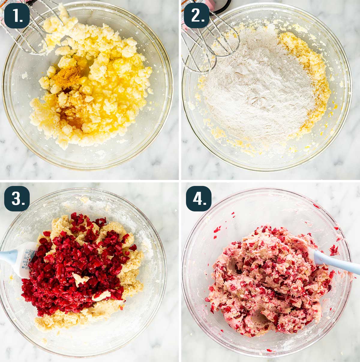 process shots showing how to make dough for cranberry orange cookies.