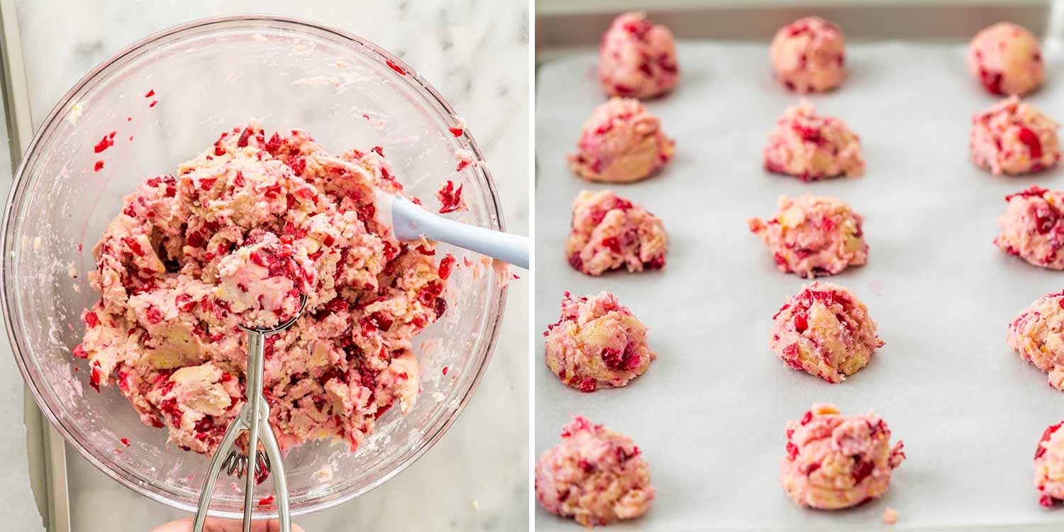 process shots showing how to make cranberry orange cookies.